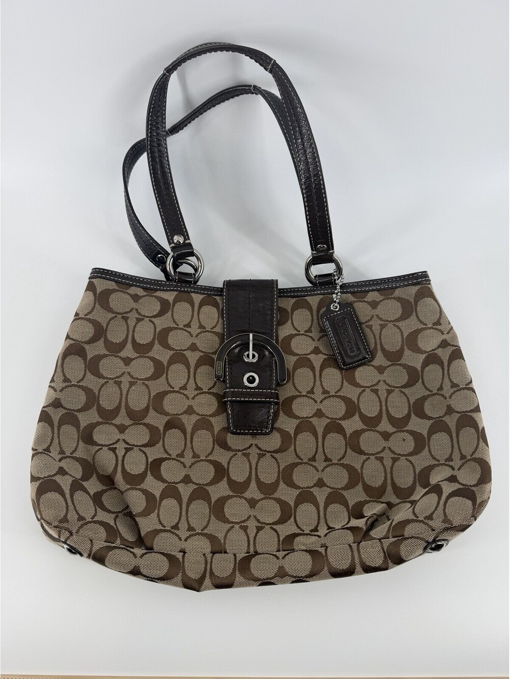 Coach Signature Soho Buckle Tote Shoulder Bag Brown Jacquard Leather